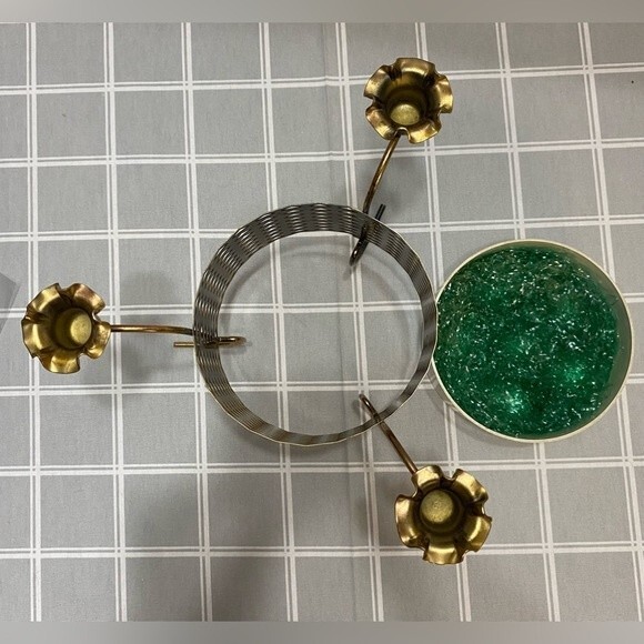 Vintage MCM Unique Gold Metal 3 Candle Holder Bowl Centerpiece Holiday Basket - Picture 4 of 9